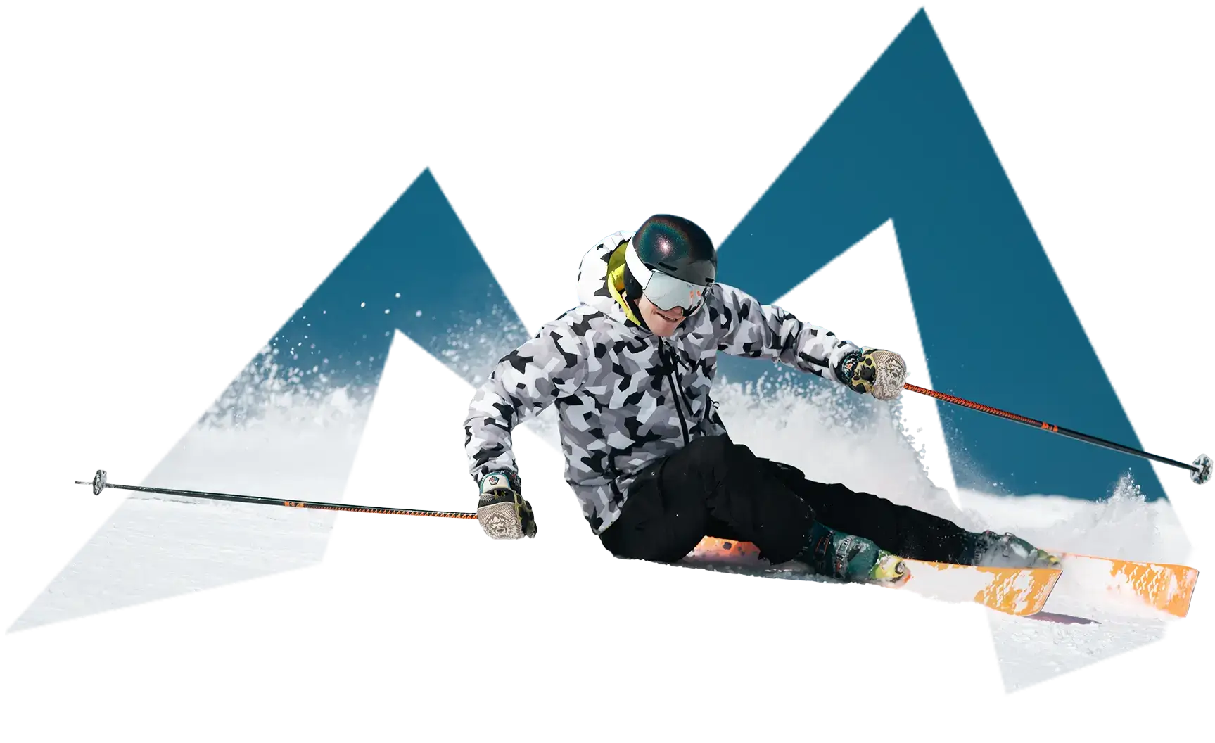 Skier turning sharply with a stylised background compromision of a mountain in the Snomad logo